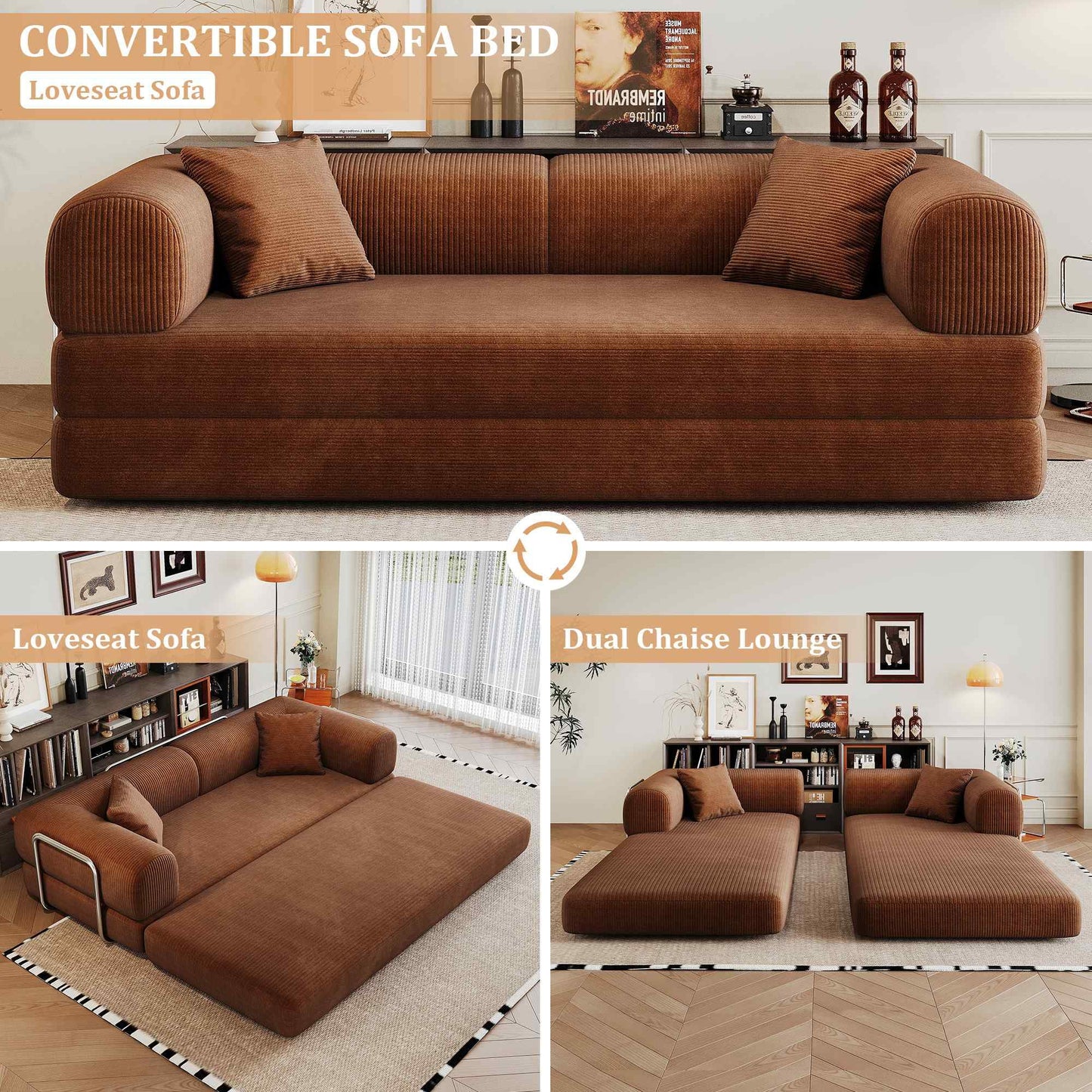 78.8" 2-in-1 Convertible Sofa Bed – Plush Corduroy Modular Sleeper Couch, Space-Saving Loveseat for Home & Guests